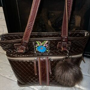 Large Consuela Brown Quilted Bag with Multi-Colored Embroidered brown Leather